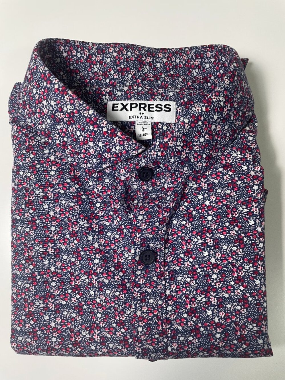 Express Men’s Red Blue Patterned Dress Shirt Large 16–16.5 Slim Fit Cotton Great